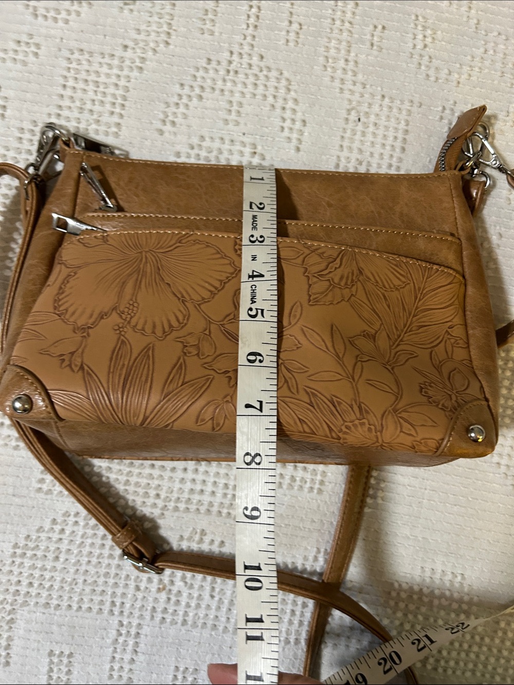 Alyssa Tan Floral Embossed Crossbody Shoulder Bag - Vegan Leather - Picture 7 of 8